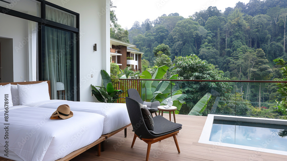 Obraz premium Accommodation at hotel resort by lush jungle for healing vacation