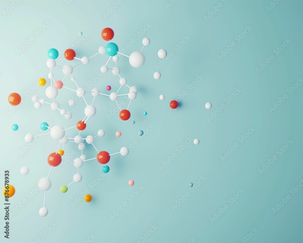 Abstract 3D rendering of a colorful molecular structure on a blue background. Abstract 3D rendering of a colorful molecular structure on a blue background.
