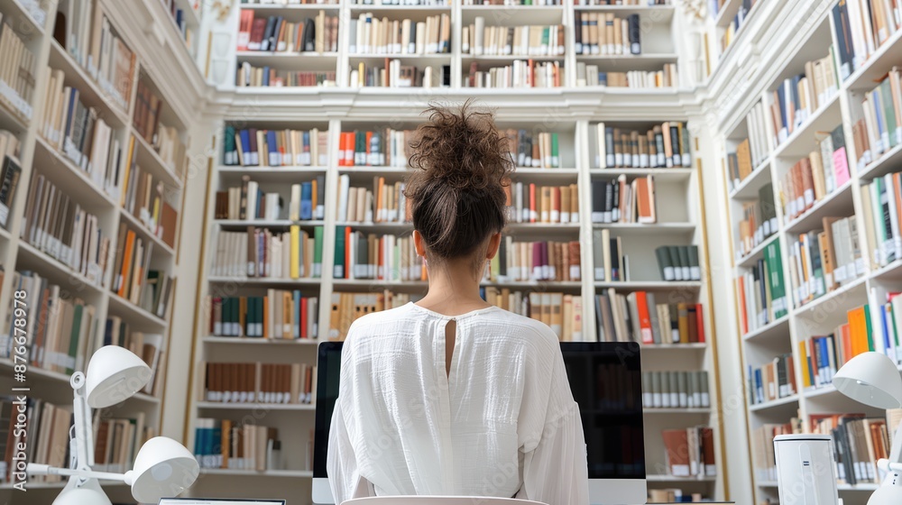 Knowledge Seeker: Librarian in a Library with Bookshelves and Space for Text, Information Services Concept, Generative Ai Knowledge Seeker: Librarian in a Library with Bookshelves and Space for Text, Information Services Concept, Generative Ai