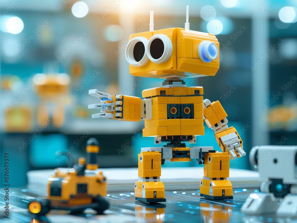 Yellow toy robot with large eyes and outstretched arm, standing on a table. Yellow toy robot with large eyes and outstretched arm, standing on a table.
