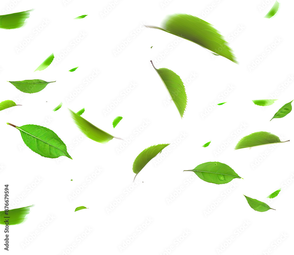Green leaves flying in the air isolated on transparent background. PNG Green leaves flying in the air isolated on transparent background. PNG