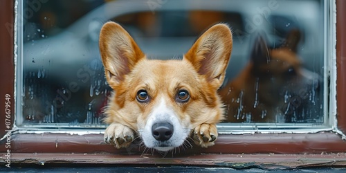 A corgi dog sadly watches from a window as its owner leaves. Concept The inability to join the adventure, Staying connected from afar, Longing for companionship photo