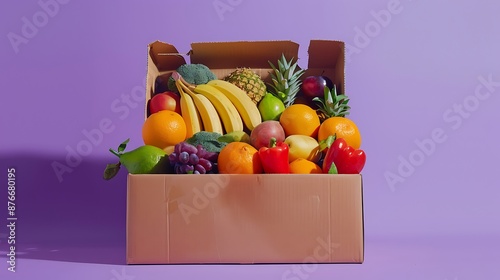 Fototapeta Naklejka Na Ścianę i Meble -  an open cardboard deliver box full of fresh fruits vegetables and preserves on purple background