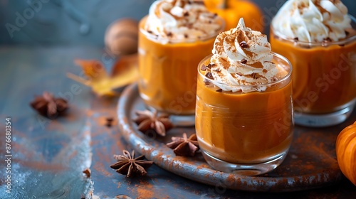 Autumn dessert pumpkin mousse with whipped cream in glasses