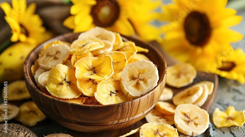 Fototapeta Naklejka Na Ścianę i Meble -  Banana chips healthy food dry fruits and healthy vegetable chips healthy vegan snack on background of yellow flowers