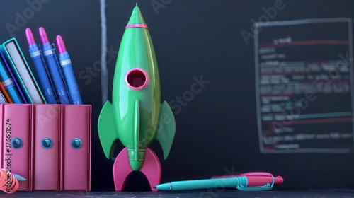 Green toy rocket with pink binders and blue pens on a dark board, text space,