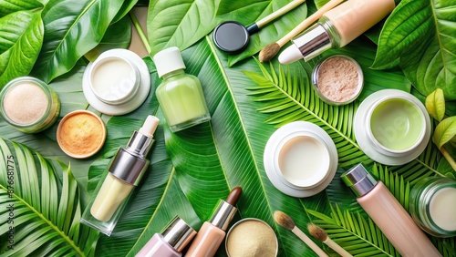 Close up of cosmetic products surrounded by vibrant green leaves, cosmetics, beauty, skincare, plant-based