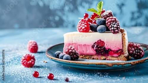 Berry cheesecake slice, fresh frozen red fruits and cheese cake slice tasty dessert on blue background