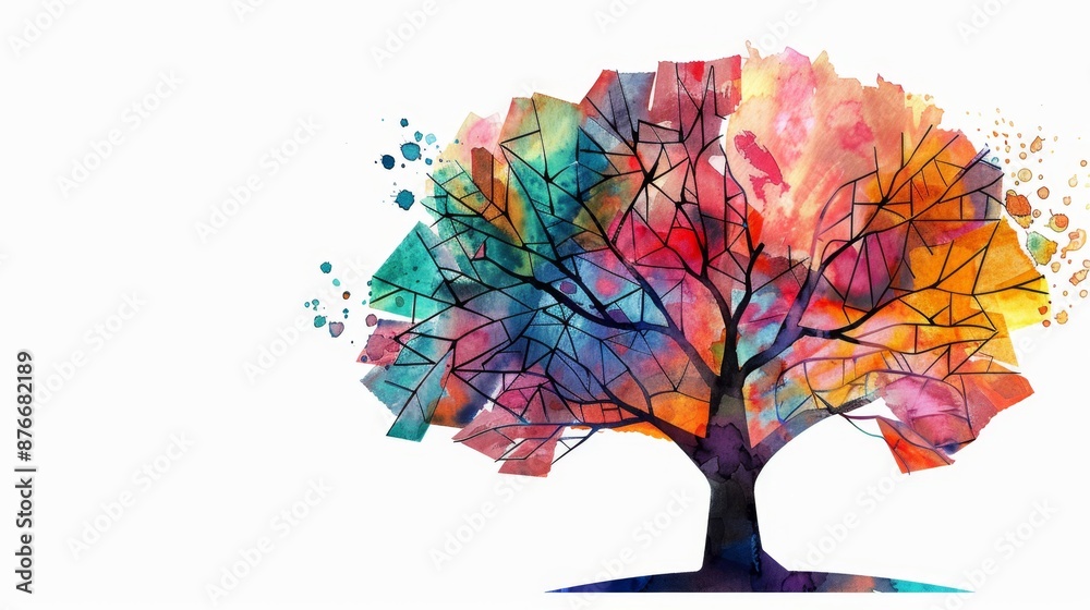 Fototapeta premium abstract watercolor depiction of a tree with colorful leaves on white background