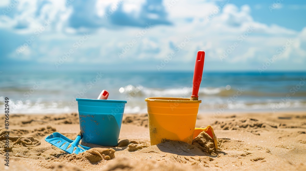 Bucket rake and shovel ready to play on the sand of the beach Bucket rake and shovel ready to play on the sand of the beach