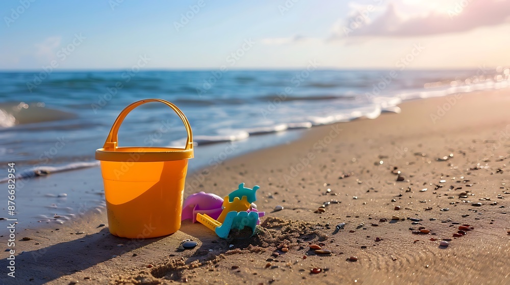 Bucket rake and shovel ready to play on the sand of the beach Bucket rake and shovel ready to play on the sand of the beach