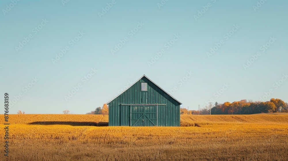 Rustic green barn in a golden field under a clear sky. Concept of agriculture, rural life, and simplicity. Rustic green barn in a golden field under a clear sky. Concept of agriculture, rural life, and simplicity.