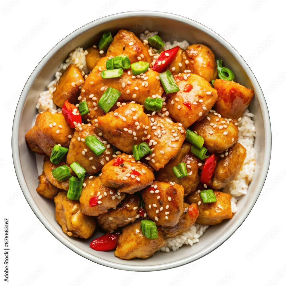 Chicken with sesame chinese thai on black bowl top view isolated on transparent background Chicken with sesame chinese thai on black bowl top view isolated on transparent background
