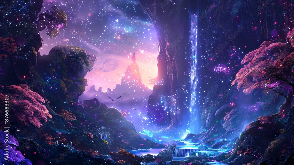 Mesmerizing Fantasy painting island and waterfall Mesmerizing Fantasy painting island and waterfall