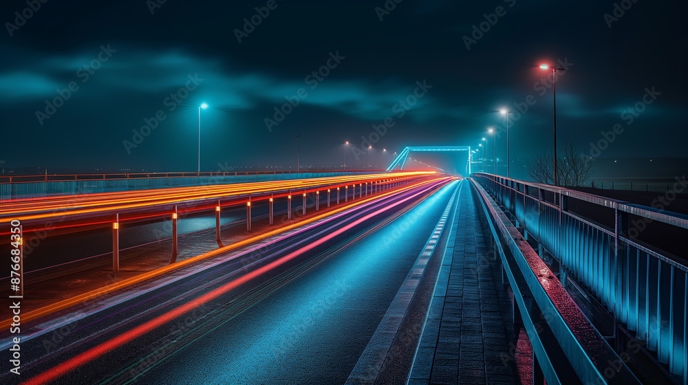 Night view of a brightly lit highway bridge with light trails. Concept of urban life, transportation, and nightscape. Night view of a brightly lit highway bridge with light trails. Concept of urban life, transportation, and nightscape.