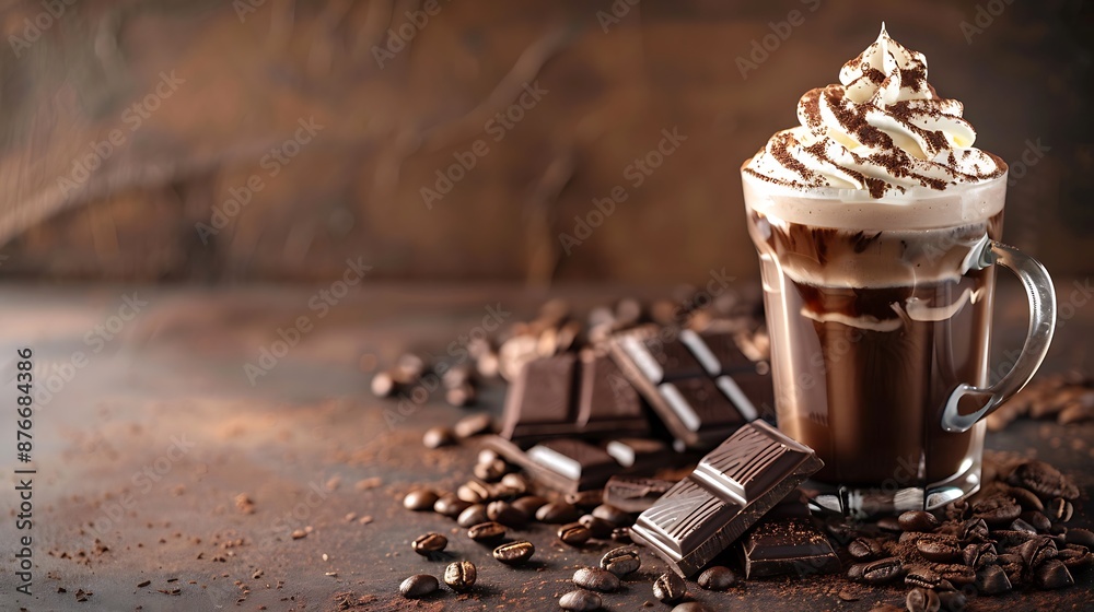 Coffee and chocolate cocktail with whipped cream on a brown background Coffee and chocolate cocktail with whipped cream on a brown background