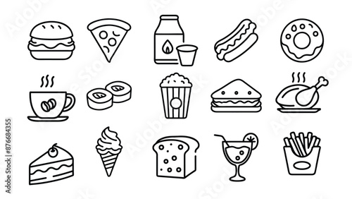 Fast food and drink related line icon set. Street food linear icons. Burger, hotdog and sandwich outline vector signs and symbols collection.