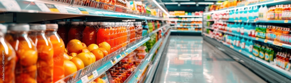 A well-stocked grocery store aisle with various products, including fresh fruits, beverages, and packaged goods, creating a vibrant shopping experience. A well-stocked grocery store aisle with various products, including fresh fruits, beverages, and packaged goods, creating a vibrant shopping experience.