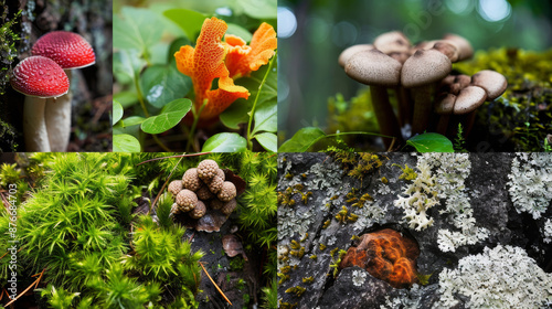 Examples of symbiotic relationships, such as fungi growing on tree roots, lichens on rocks, or mutualistic relationships between animals and plants.  photo