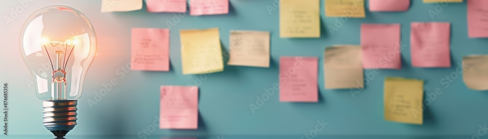 Bright idea concept with a glowing light bulb and colorful sticky notes on a blue background, symbolizing brainstorming and creativity.
