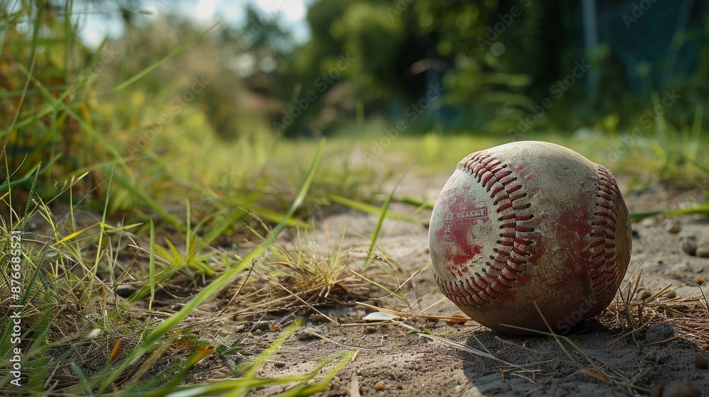 Weathered baseball lying on a dirt path with grass. Concept of sports nostalgia, outdoor games, and childhood memories. Weathered baseball lying on a dirt path with grass. Concept of sports nostalgia, outdoor games, and childhood memories.