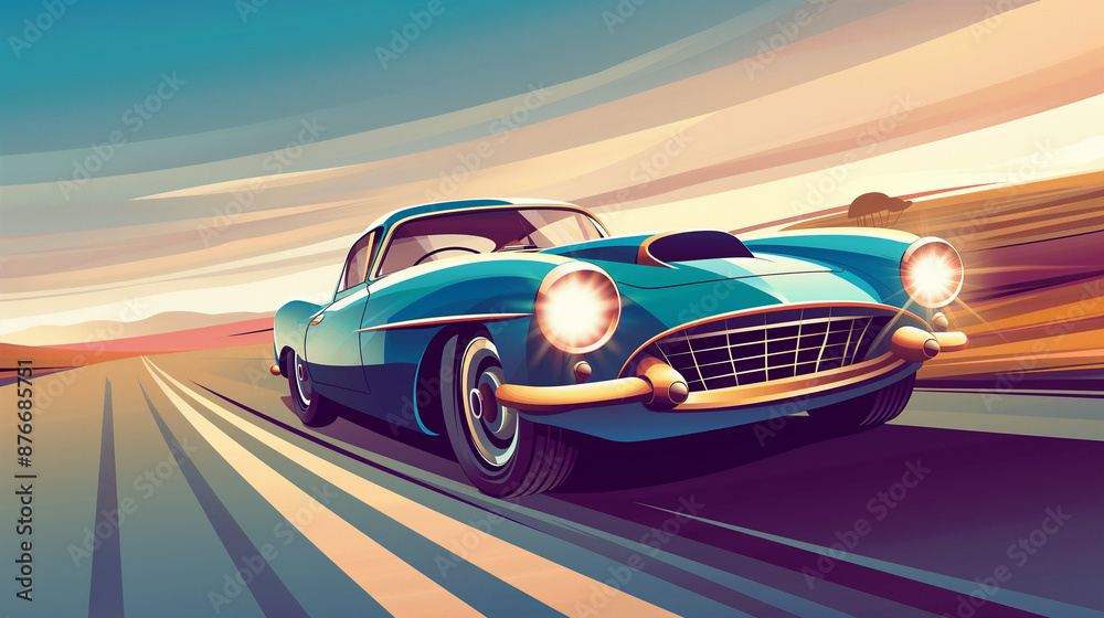2D illustration of a supercar in motion, positioned on a road. The ...