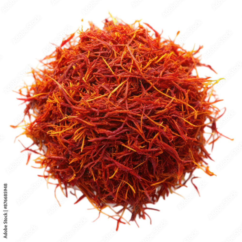 Fototapeta premium Dried saffron pile top view isolated on transparent background