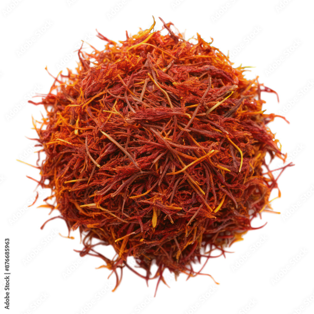 Fototapeta premium Dried saffron pile top view isolated on transparent background