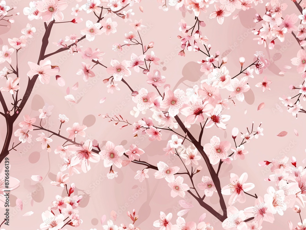 Obraz premium Seamless vector pattern featuring delicate cherry blossom branches with sakura flowers and petals cascading against a soft pink background, creating a harmonious and elegant floral design