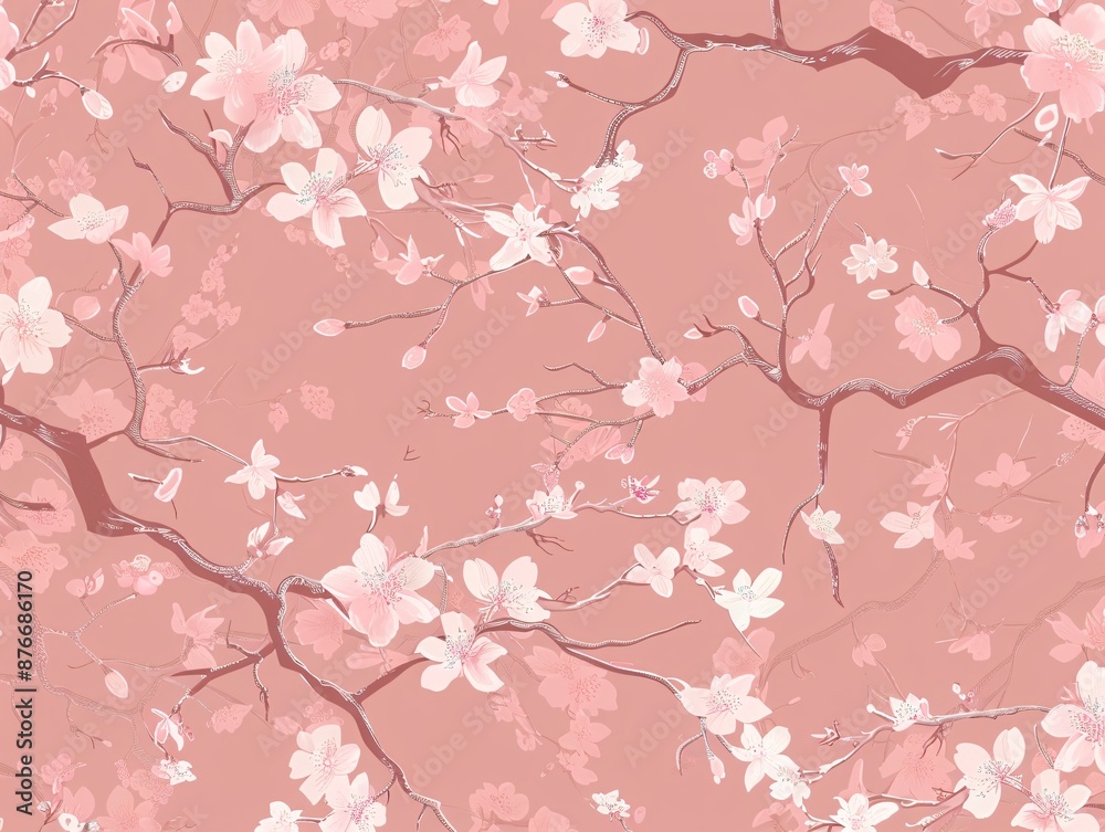 Elegant seamless pattern with intertwining sakura branches and scattered cherry blossom flowers, rendered in a gentle pink color scheme, ideal for creating a tranquil and romantic floral backdrop