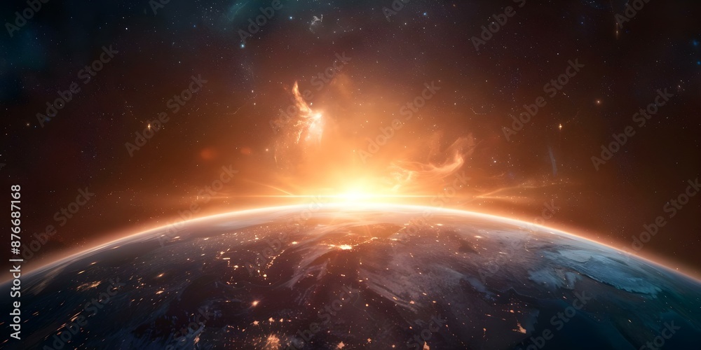 Fototapeta premium Aurora glows in abstract universe Earth surrounded by Cosmic Rays sun explodes. Concept Aurora Borealis, Abstract Universe, Cosmic Rays, Sun Explosion, Earthscape