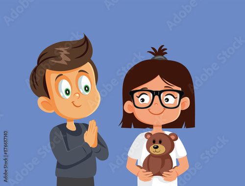 Boy Asking Polite to Play with a Toy Vector Cartoon. Little girl sharing with kindness her toys with little brother 
