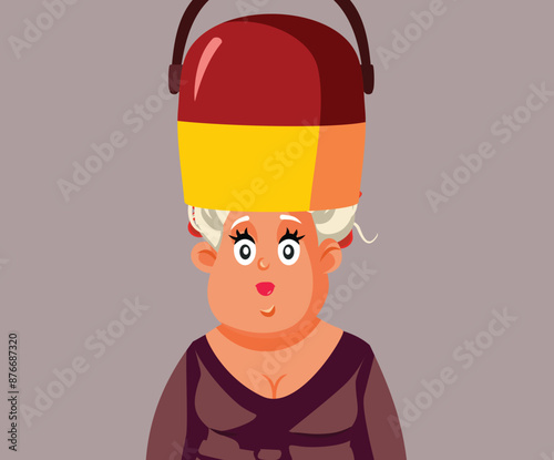 Mature Woman at the Salon Using hair Dryer Helmet Vector Cartoon. Lady perming her hair in a vintage style 
