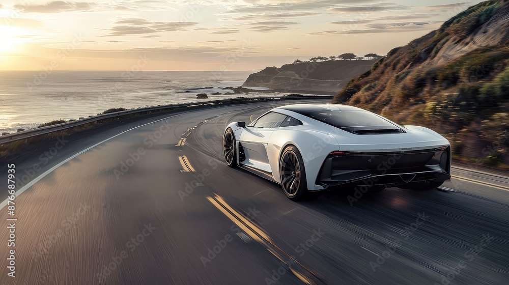 White Sports Car on a Winding Coastal Road White Sports Car on a Winding Coastal Road