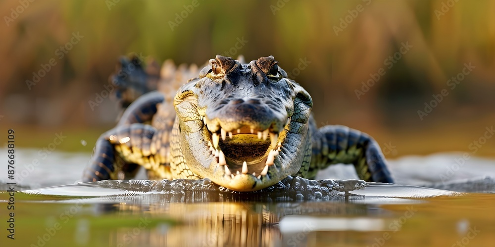 Fototapeta premium Crocodile with open mouth in river ready to strike. Concept Wildlife Photography, Crocodile Behavior, Reptiles in Action, Animal Encounters, Predatory Behavior