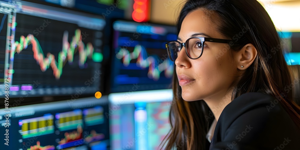 Female statistician analyzing data on multiple computer monitors in professional setting. Concept Data analysis, Statistics, Professional setting, Computer monitors, Female statistician Female statistician analyzing data on multiple computer monitors in professional setting. Concept Data analysis, Statistics, Professional setting, Computer monitors, Female statistician