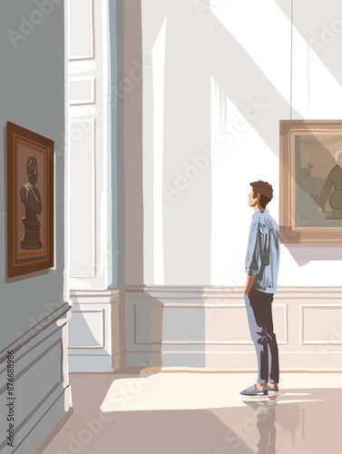 An individual admires artwork in a spacious, light-filled gallery, featuring paintings on white walls with beautiful shadows.