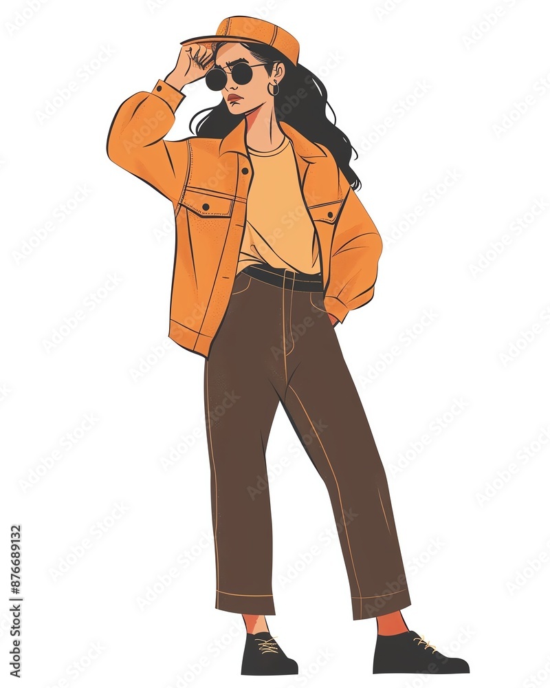 Stylish illustration of a woman in casual clothing, wearing an orange jacket, brown pants, sunglasses, and a hat.