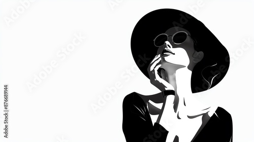 Vector illustration of an elegant woman in a hat and sunglasses looking up. Stylish black and white portrait with a minimalist feel.