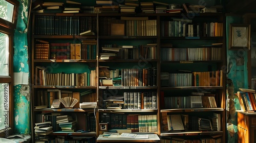 A classroom bookshelf filled with novels and reference books