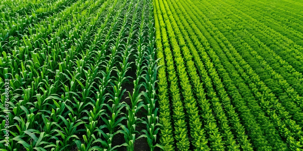 Aerial view of corn and sorghum fields with modern agricultural technology. Concept Agricultural Innovation, Drone Photography, Crop Monitoring, Precision Farming, Modern Farming Techniques Aerial view of corn and sorghum fields with modern agricultural technology. Concept Agricultural Innovation, Drone Photography, Crop Monitoring, Precision Farming, Modern Farming Techniques
