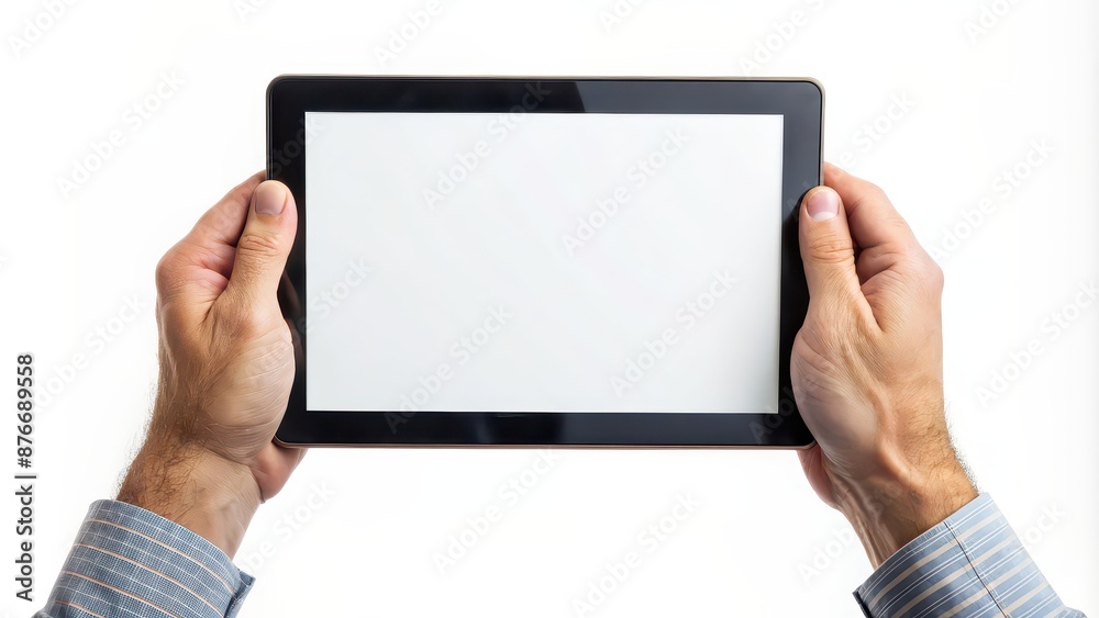 Close-up of hands holding a digital tablet with a blank screen on a white background, technology, touch screen, internet Close-up of hands holding a digital tablet with a blank screen on a white background, technology, touch screen, internet