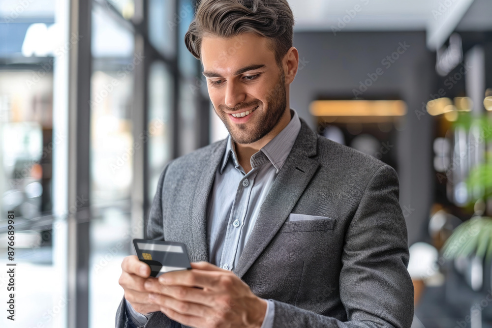 Business men use mobile payments Business men use mobile payments