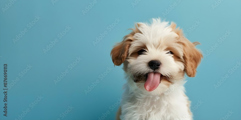 Lively puppy sticking out tongue while licking its nose against a blue backdrop. Concept Make sure to use a fast shutter speed to capture the puppy's playful expression and vibrant colors against the Lively puppy sticking out tongue while licking its nose against a blue backdrop. Concept Make sure to use a fast shutter speed to capture the puppy's playful expression and vibrant colors against the