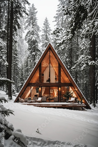 Modern A-frame house cabin in snowy forest winter retreat cozy and warm home in nature photo