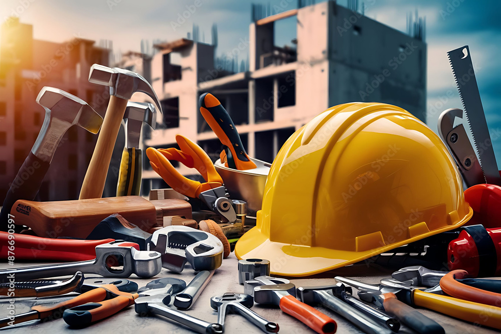  Safety and health work safety equipment worker background set with construction industry tools generative ai