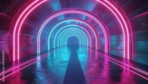 3d render, abstract neon background with glowing blue and pink lines in the shape of tunnel or corridor