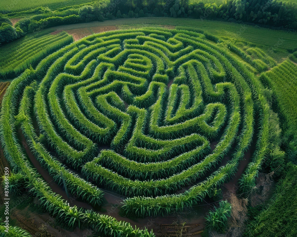 A maze made of corn stalks is shown from above A maze made of corn stalks is shown from above