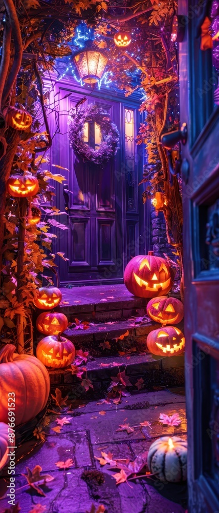 A hallway with a wreath on the door and pumpkins on the steps A hallway with a wreath on the door and pumpkins on the steps