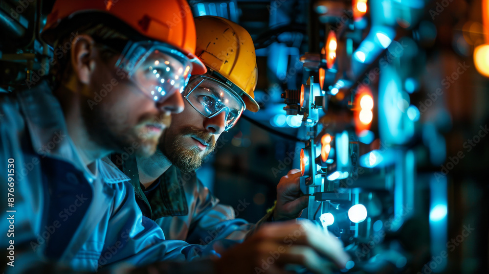 Two engineers wearing safety gear work on machinery in a high-tech industrial facility, focusing on precision and technology. Two engineers wearing safety gear work on machinery in a high-tech industrial facility, focusing on precision and technology.